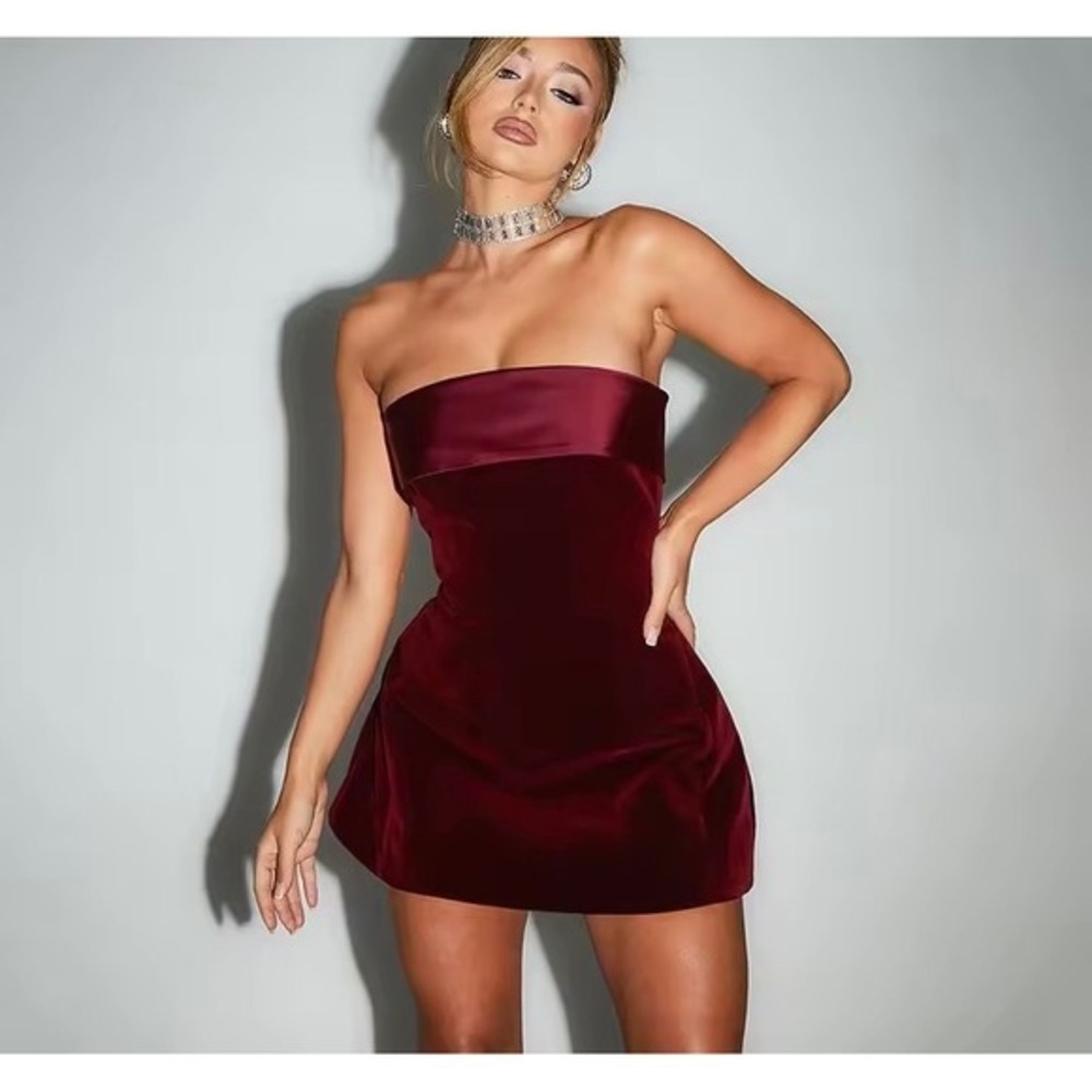 Commense Velvet Strapless Mini Dress Red Wine Burgundy Party Cocktail size S